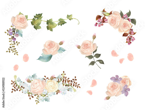 Fototapeta Naklejka Na Ścianę i Meble -  水彩で描いたピンクの薔薇のブーケセット
Set of watercolor floral arrangements with pink roses. 
