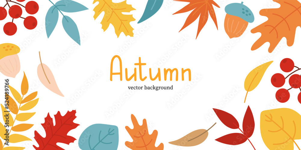 Autumn background with leaves, acorns and rowan