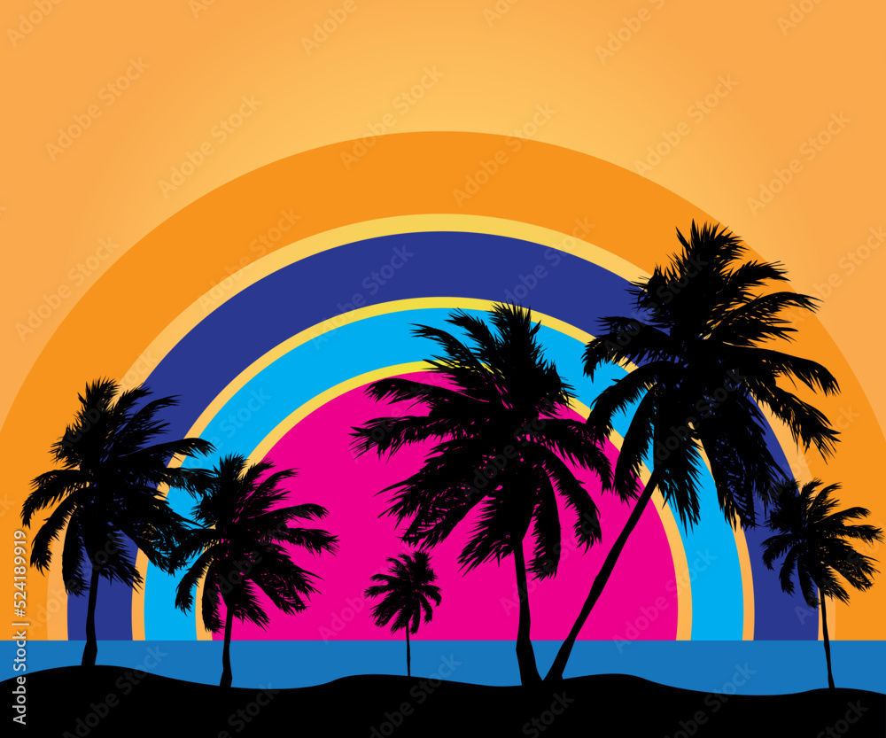 palm trees on the sea and background with rainbow old