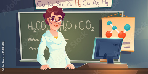 School chemistry teacher in classrom, cartoon illustration. Vector portrait of female character in eyeglasses and white coat standing at desk with computer, scientific formulae written on blackboard