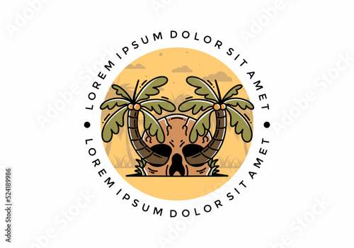 Two coconut trees growing on a skull illustration