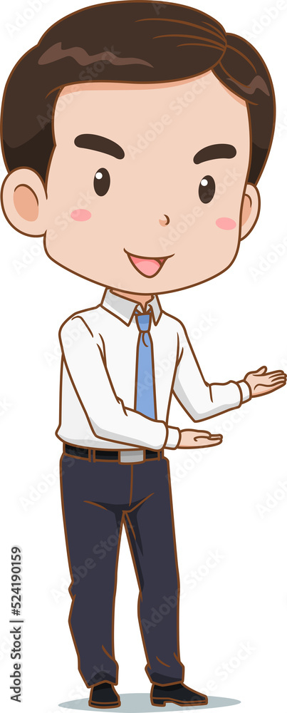 Cartoon of business man in welcoming poses.