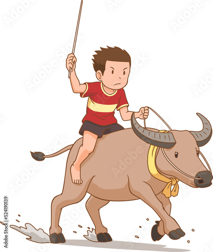 Cartoon character of boy riding buffalo in buffalo racing festival.