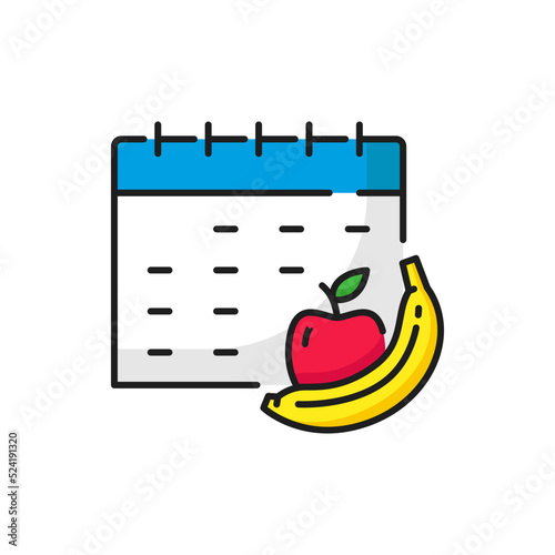Diet meal plan, healthy eating calendar page with organic apple and banana fruits isolated outline icon. Vector list water drinking reminder schedule. Daily nutrition planning, vegetarian food