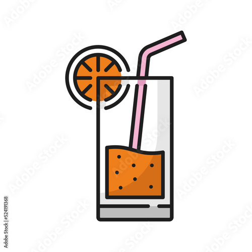 Orange cocktail in jar with straw isolated outline icon. Vector detox drink of citrus fruits, lemonade summer refreshing drink. Healthy food, nutrition diet energy drink. Breakfast fresh beverage