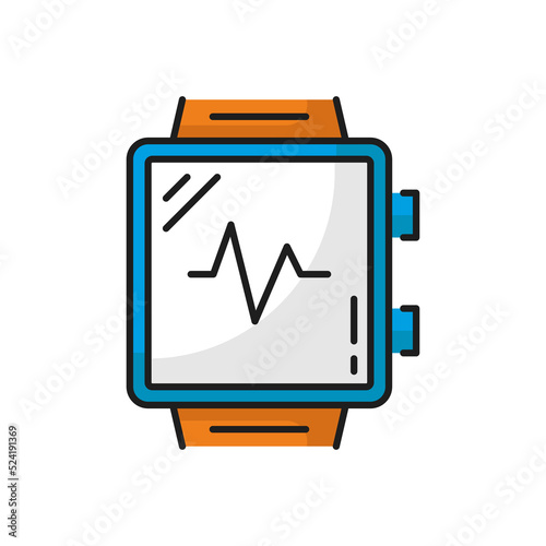 Fitness activity tracker isolated sport watch showing heart beat outline icon. Vector sportive accessory, activity bracelet, pedometer wristband. Smartwatch health tracker with electronic display