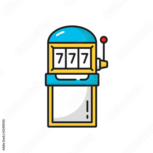 777 casino machine, gambling games one arm bandit isolated color line icon. Vector jackpot sign, amusement park gambling game reeling gambler roulette, playing device slot machine one arm bandit