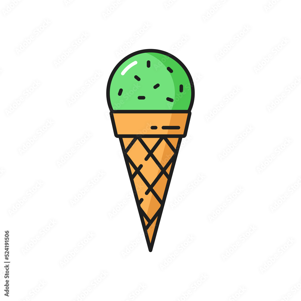 Kiwi or green apple ice cream scoop in waffle cone isolated color line icon. Vector gelato icecream, sweet ice-cream, fastfood takeaway snack. Ice sundae ball in wafer, cold refreshing summer dessert Kiwi or green apple ice cream scoop in waffle cone isolated color line icon. Vector gelato icecream, sweet ice-cream, fastfood takeaway snack. Ice sundae ball in wafer, cold refreshing summer dessert