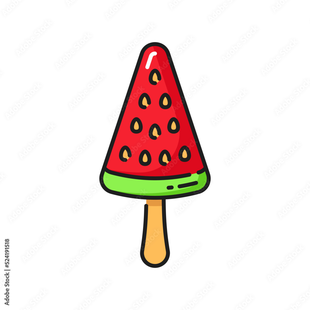 Fruit ice cream piece of watermelon isolated color line icon. Vector triangle ice cream on stick, frozen yogurt or juice yummy refreshing sundae dessert. Fruit ice-cream in glaze, dairy summer food