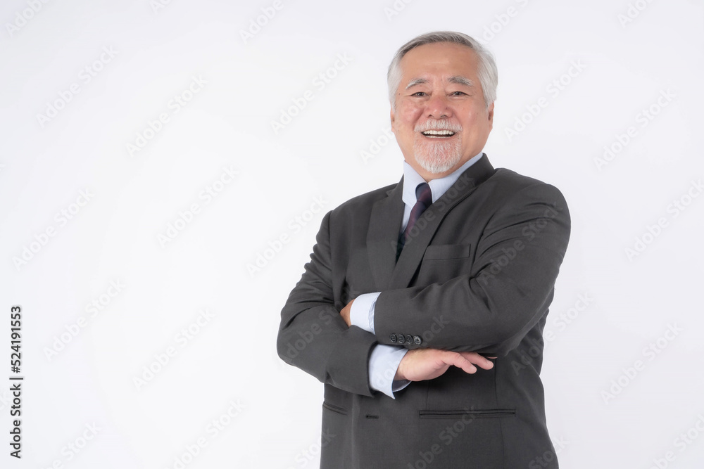 portrait of a senior business man with suit , Asian senior man , old man , feel happy good health standing arms crossed isolated on white background - lifestyle senior male concept portrait of a senior business man with suit , Asian senior man , old man , feel happy good health standing arms crossed isolated on white background - lifestyle senior male concept