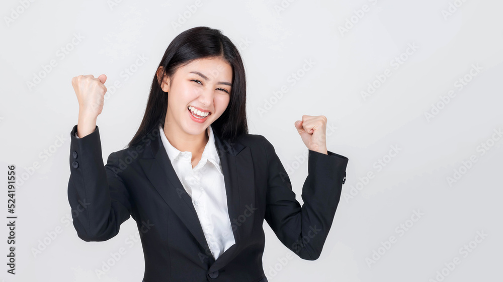 Portrait beautiful working Asian woman with happiness raise both arms celebrating success isolated on white background - business concept Portrait beautiful working Asian woman with happiness raise both arms celebrating success isolated on white background - business concept