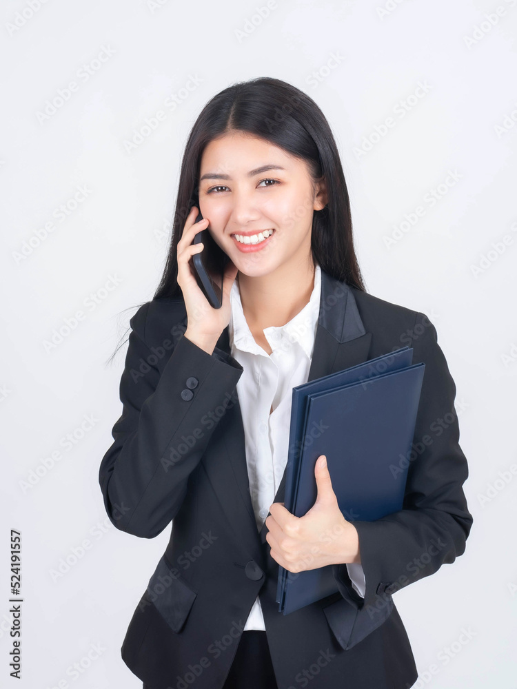 business woman , beautiful Asian girl whit suit using smart phone shopping online and online banking isolated on white background with copy space , business concept business woman , beautiful Asian girl whit suit using smart phone shopping online and online banking isolated on white background with copy space , business concept