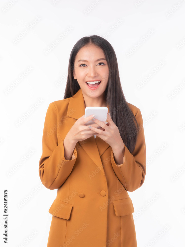 Beautiful Asian woman cute girl playing a smart phone isolated on white background - mobile phone uses a online banking for pay online shopping Beautiful Asian woman cute girl playing a smart phone isolated on white background - mobile phone uses a online banking for pay online shopping