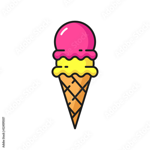 Cherry and banana icecream in waffle cone isolated color line icon. Vector sweet frozen ice-cream scoop, fastfood snack. Gelato or sundae ice cream, ice ball in wafer, cold refreshing summer dessert