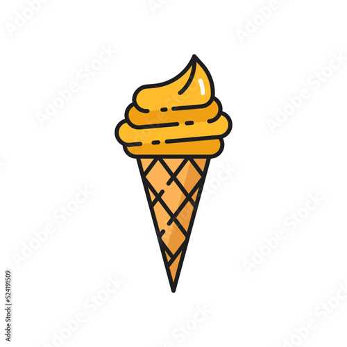 Cold ice sundae swirl in wafer cone, creme brulee refreshing summer dessert isolated color line icon. Vector vanilla ice cream in waffle cone. Gelato icecream, sweet ice-cream, fastfood takeaway snack