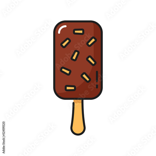 Chocolate ice cream on stick covered by caramel sprinkles isolated color line icon. Vector refreshing summer food, sugary popsicle ice-cream. Yummy sundae ice cream with cocoa topping, thin line