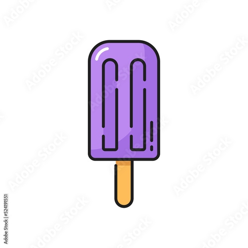 Ice cream coated by purple violet glaze isolated popsicle color line icon. Vector ice-cream covered frozen plum juice, yummy refreshing dessert. Takeaway fastfood snack, icecream on stick summer food