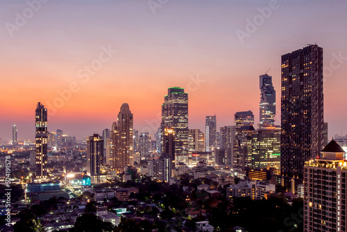 Bangkok city - Aerial view of Bangkok city downtown cityscape urban skyline at night , landscape Thailand
