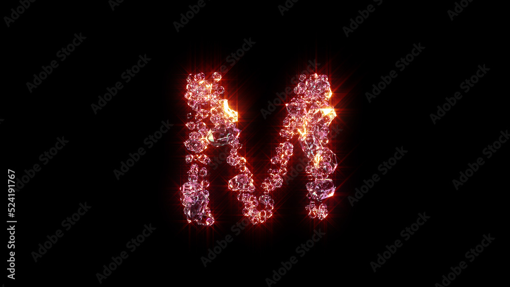 bright red lighting fashion diamonds alphabet - letter M, isolated - object 3D illustration