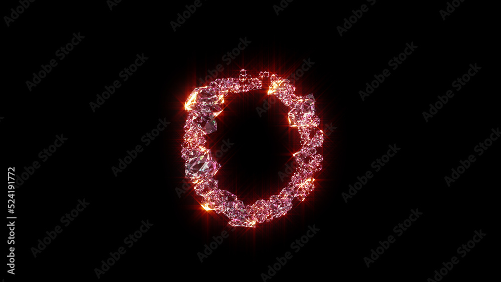 bright red shining glamour gem stones alphabet - letter O, isolated - object 3D illustration