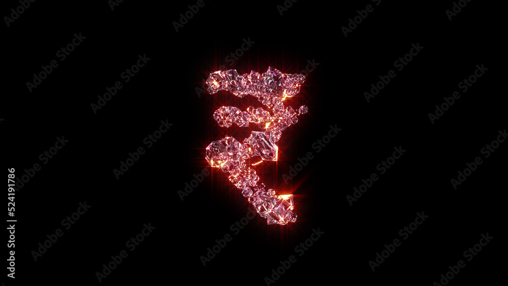 bright red glowing glamorous gems font - rupee sign, isolated - object 3D illustration