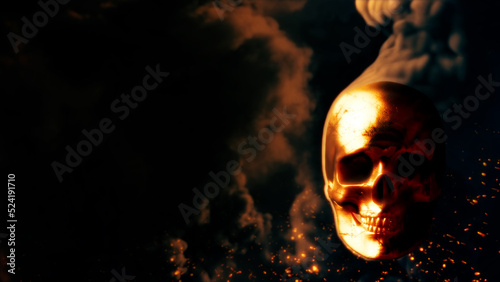 Burning yellow skull with fire background with free space - war concept - abstract 3D illustration