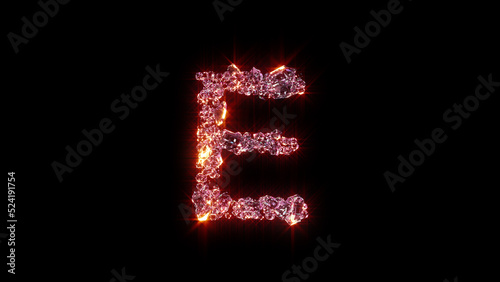 bright red lighting glamorous gems alphabet - letter E, isolated - object 3D illustration
