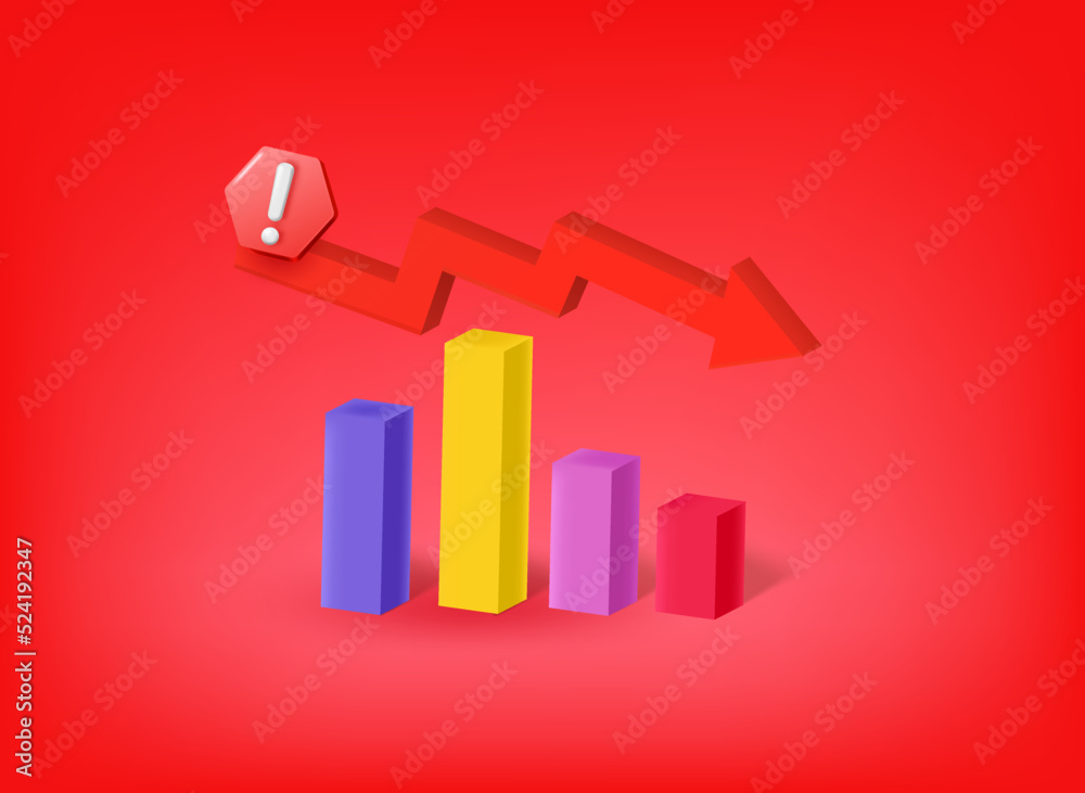 Falling business icon with exclamation point pictogram. Vector 3d illustration Falling business icon with exclamation point pictogram. Vector 3d illustration