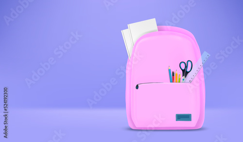 School bag with stationery. Back to school 3d vector banner with copy space photo