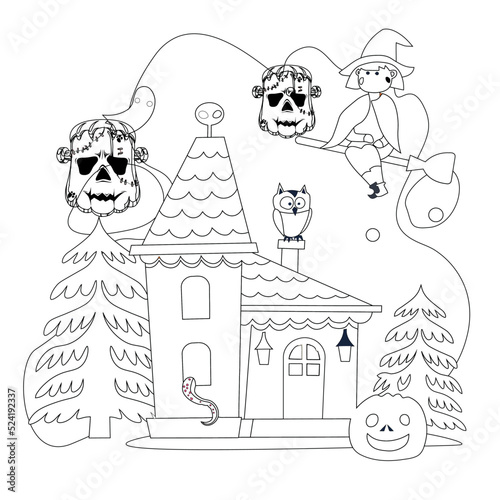 halloween illustration , Halloween  coloring book page for kids and adults 
