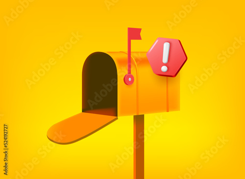 Mailing box with exclamation point pictogram. Vector 3d illustration