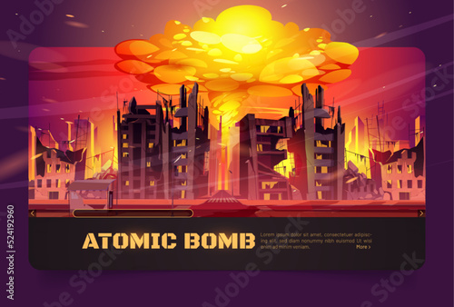 Atomic bomb explosion in destroyed city with broken buildings. Vector cartoon illustration of atom war with demolished houses and mushroom cloud of nuclear blast with fire and smoke