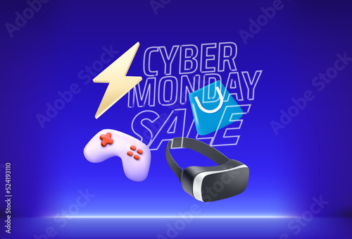 Cyber monday sale banner with accessories and neon inscription. 3d vector illustration