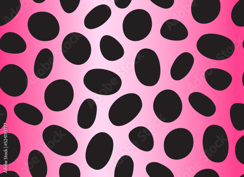 Dalmatian pink seamless pattern. Black uneven spots animal print. Abstract background with black circles. Vector background. Vector illustration. 