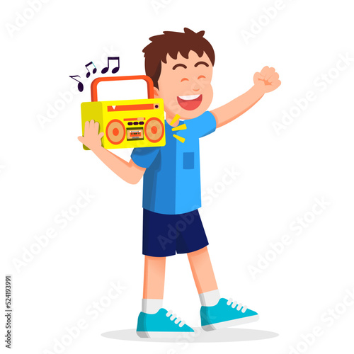 a boy carrying an old radio while enjoying listening to music