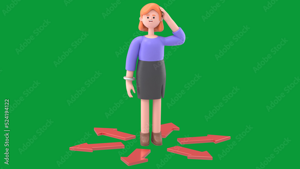 Green Screen Mock-up. Format 16:9.3D illustration of smiling businesswoman Ellen standing at crossroads arrows. standing choice of ways on Green Screen for footage and clipping path.

