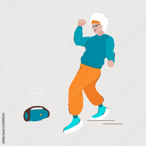 A fashionable grandmother dances a modern dance to music coming from a music speaker.