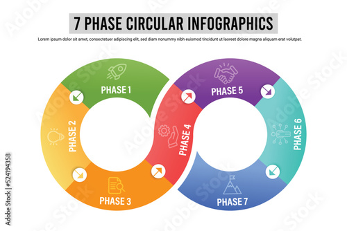 Seven phase cyclical business development process concept. Infinity symbol chart divided into 6 parts. Infographic design illustration.