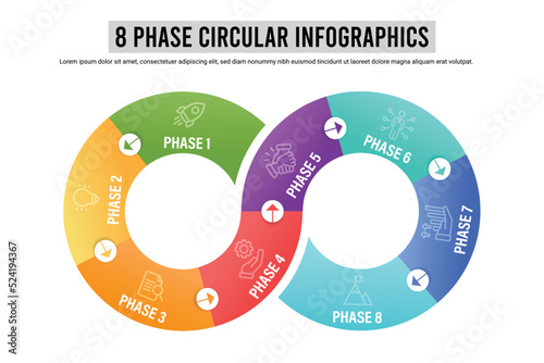 Eight phase cyclical business development process concept. Infinity symbol chart divided into 6 parts. Infographic design illustration.