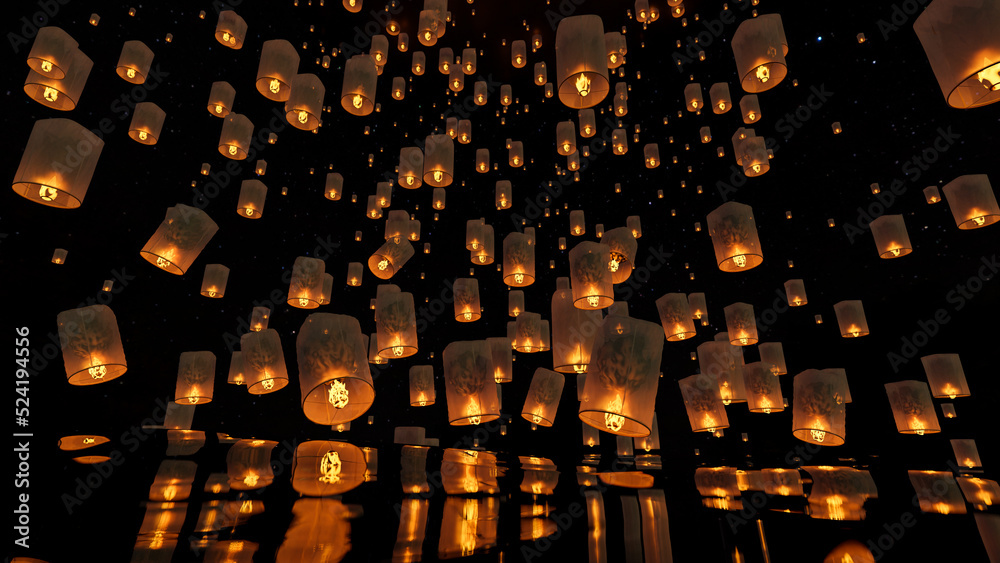A group of beautiful sky lantern on the dark sky at night. Loy Krathong  Festival Stock Photo | Adobe Stock