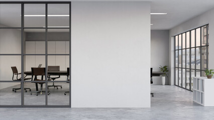 Modern office corridor or hallway interior with empty space over the white wall and the meeting room
