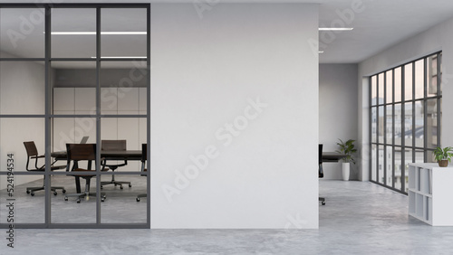 Modern office corridor or hallway interior with empty space over the white wall and the meeting room