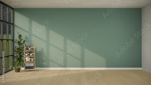 Fototapeta Naklejka Na Ścianę i Meble -  Modern trendy empty room with copy space on wood floor over the green wall.