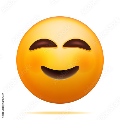 3D Yellow Happy Emoticon Blushing with Smiling Eyes Isolated. Render Slightly Smiling Emoji. Happy Face Simple. Communication, Web, Social Network Media, App Button. Realistic Vector Illustration