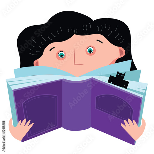 The girl reads a book on a white background