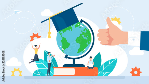 Educational tourism. Distance education. A globe with an academic cap stands on a book. Globalization of education. Happy tiny characters are learning remotely. Flat style. Vector illustration.
