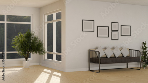 Modern contemporary home living room interior with sofa, plants and frames mockup on white wall.