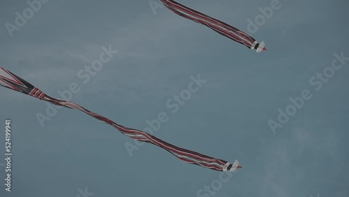 Balinese Traditional Kites JANGGAN (Red White Black Long Tail Bird Dragon) on Bali Kite Festival Summer Blue Sky Slow Motion photo