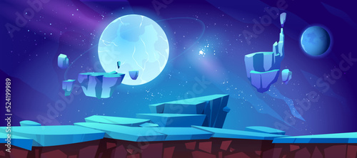 Night landscape with neon moon and rocky cliffs. Vector cartoon illustration of bright stars glowing in dark sky, stone platforms hanging in air, alien planet surface. Space adventure game background