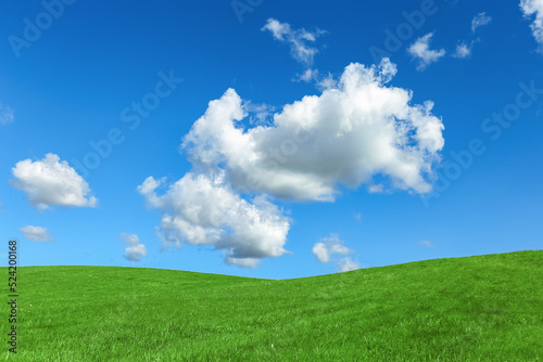 Green grass field and blue sky with clouds, aesthetic nature background. Idyllic grassland, summer or spring landscape, green countryside fields, blue sky cloudy, bright environmental nature